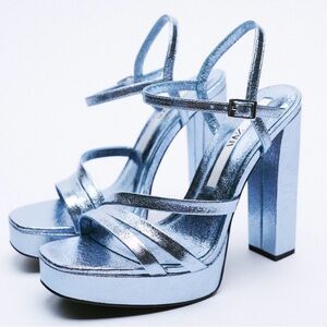 Zara Metallic Light Blue Platform Block-Heel Sandals 10